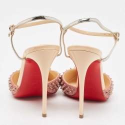 Christian Louboutin Pink/Silver Lurex Fabric and Leather Baila Spike Ankle Strap Pumps Size 36