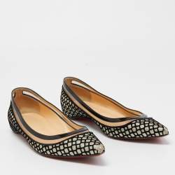 Pre Owned Christian Louboutin Black/Gold Mesh and Glitter Ballet Flats Size 38