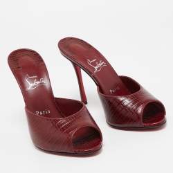 Pre Owned Christian Louboutin Burgundy Lizard Embossed Leather Me Dolly Slide Sandals Size 38.5