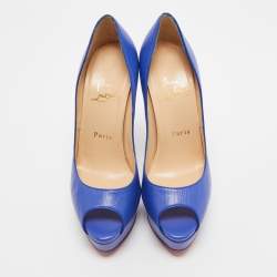 Pre Owned Christian Louboutin Blue Leather Lady Peep Toe Platform Pumps Size 37