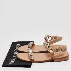 Christian Louboutin Beige Leather Studded Ankle Strap Flat Sandals Size 40