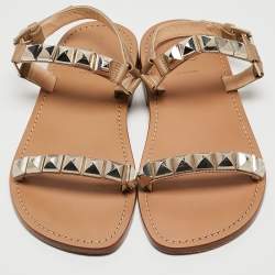 Christian Louboutin Beige Leather Studded Ankle Strap Flat Sandals Size 40