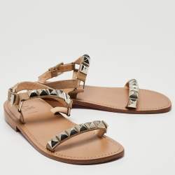 Christian Louboutin Beige Leather Studded Ankle Strap Flat Sandals Size 40