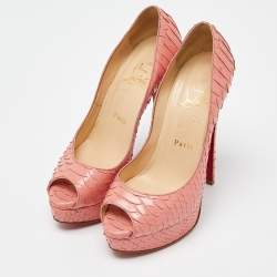 Pre Owned Christian Louboutin Peach Python Leather Lady Peep Platform Pumps Size 36