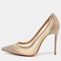 مملوكة مسبقًا Christian Louboutin Beige Mesh and Suede Embellished Galativi Strass Pumps Size 38.5