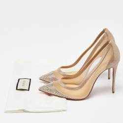 مملوكة مسبقًا Christian Louboutin Beige Mesh and Suede Embellished Galativi Strass Pumps Size 38.5
