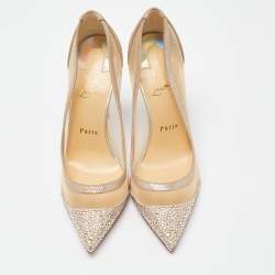 مملوكة مسبقًا Christian Louboutin Beige Mesh and Suede Embellished Galativi Strass Pumps Size 38.5