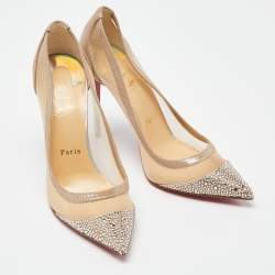 مملوكة مسبقًا Christian Louboutin Beige Mesh and Suede Embellished Galativi Strass Pumps Size 38.5