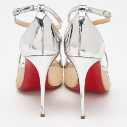 Pre Owned Christian Louboutin Silver Patent Leather and Mesh Twistissima Strass Pumps Size 39