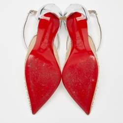 Pre Owned Christian Louboutin Silver Patent Leather and Mesh Twistissima Strass Pumps Size 39