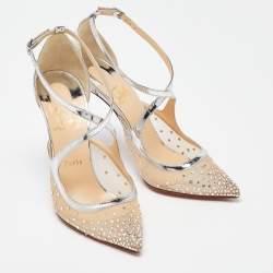 Pre Owned Christian Louboutin Silver Patent Leather and Mesh Twistissima Strass Pumps Size 39