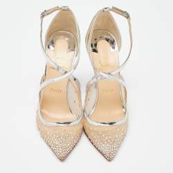 Pre Owned Christian Louboutin Silver Patent Leather and Mesh Twistissima Strass Pumps Size 39