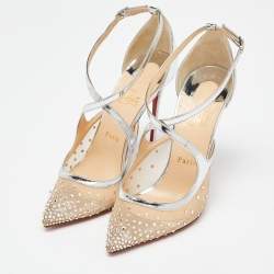 Pre Owned Christian Louboutin Silver Patent Leather and Mesh Twistissima Strass Pumps Size 39