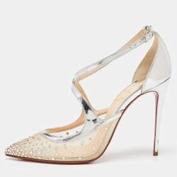 Pre Owned Christian Louboutin Silver Patent Leather and Mesh Twistissima Strass Pumps Size 39