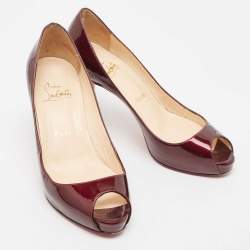 Pre Owned Christian Louboutin Dark Burgundy Patent Leather Peep Toe Pumps Size 36
