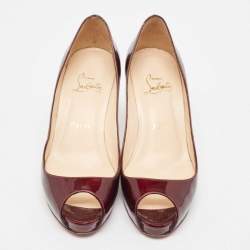 Pre Owned Christian Louboutin Dark Burgundy Patent Leather Peep Toe Pumps Size 36
