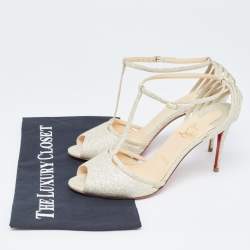 Pre Owned Christian Louboutin Light Gold Glitter Peep Toe T-Bar Ankle Strap Sandals Size 39