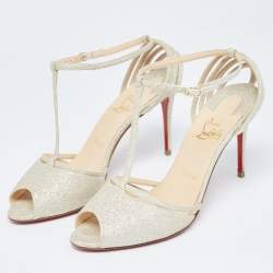 Pre Owned Christian Louboutin Light Gold Glitter Peep Toe T-Bar Ankle Strap Sandals Size 39