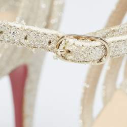 Pre Owned Christian Louboutin Light Gold Glitter Peep Toe T-Bar Ankle Strap Sandals Size 39