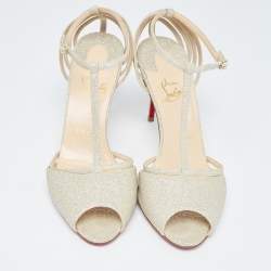 Pre Owned Christian Louboutin Light Gold Glitter Peep Toe T-Bar Ankle Strap Sandals Size 39