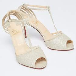Pre Owned Christian Louboutin Light Gold Glitter Peep Toe T-Bar Ankle Strap Sandals Size 39
