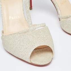 Pre Owned Christian Louboutin Light Gold Glitter Peep Toe T-Bar Ankle Strap Sandals Size 39