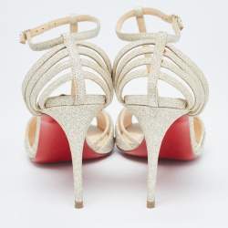 Pre Owned Christian Louboutin Light Gold Glitter Peep Toe T-Bar Ankle Strap Sandals Size 39