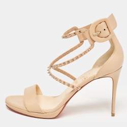 Pre Owned Christian Louboutin Beige Leather Spike Choca Lux Sandals Size 39