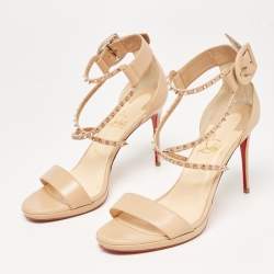 Pre Owned Christian Louboutin Beige Leather Spike Choca Lux Sandals Size 39