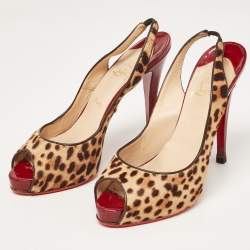 Christian Louboutin Beige/Brown Leopard Print Calf Hair No Prive Slingback Pumps Size 41