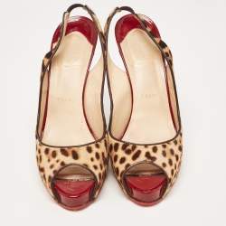 Christian Louboutin Beige/Brown Leopard Print Calf Hair No Prive Slingback Pumps Size 41