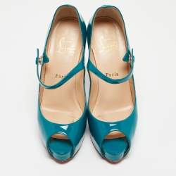 Pre Owned Christian Louboutin Blue Patent Bana Pumps Size 38.5
