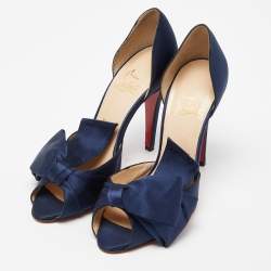 Pre Owned Christian Louboutin Blue Satin Bow T Dorcet Peep Toe Pumps Size 38
