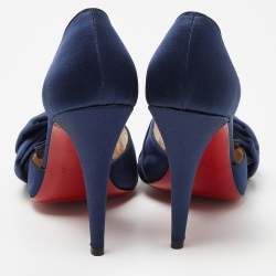 Pre Owned Christian Louboutin Blue Satin Bow T Dorcet Peep Toe Pumps Size 38