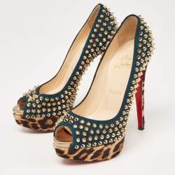 Christian Louboutin Multicolor Suede and Leopard Calf Hair Lady Peep Spikes Platform Pumps Size 36.5