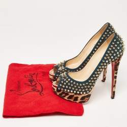 Christian Louboutin Multicolor Suede and Leopard Calf Hair Lady Peep Spikes Platform Pumps Size 36.5