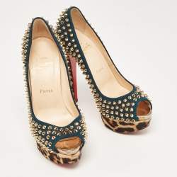 Christian Louboutin Multicolor Suede and Leopard Calf Hair Lady Peep Spikes Platform Pumps Size 36.5