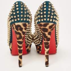 Christian Louboutin Multicolor Suede and Leopard Calf Hair Lady Peep Spikes Platform Pumps Size 36.5