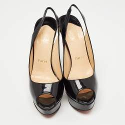 Pre Owned Christian Louboutin Black Patent Lady Peep Slingback Sandals Size 36.5