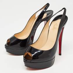 Pre Owned Christian Louboutin Black Patent Lady Peep Slingback Sandals Size 36.5
