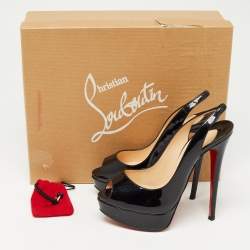 Pre Owned Christian Louboutin Black Patent Lady Peep Slingback Sandals Size 36.5