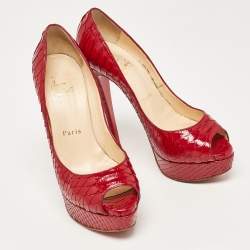 Pre Owned Christian Louboutin Red Python Leather Lady Peep  Pumps Size 36.5