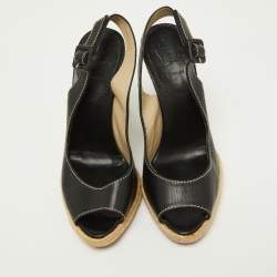 مملوكة مسبقًا Christian Louboutin Black Leather You Love Espadrille Wedge Slingback Sandals Size 37