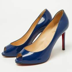 Pre Owned Christian Louboutin Blue Patent Leather Peep-Toe Pumps Size 39