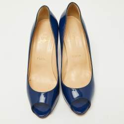 Pre Owned Christian Louboutin Blue Patent Leather Peep-Toe Pumps Size 39
