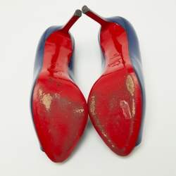 Pre Owned Christian Louboutin Blue Patent Leather Peep-Toe Pumps Size 39