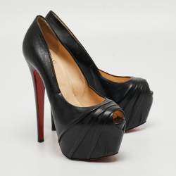 Pre Owned Christian Louboutin Black Leather Highness Peep Toe Pumps Size 38