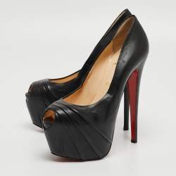 Pre Owned Christian Louboutin Black Leather Highness Peep Toe Pumps Size 38