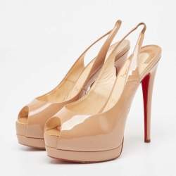 Christian Louboutin Beige Patent Lady Peep Sling Pumps Size 37.5