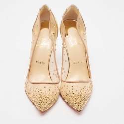 Christian Louboutin Gold Crystal Embellished Leather and Mesh Follies Strass Pumps Size 39